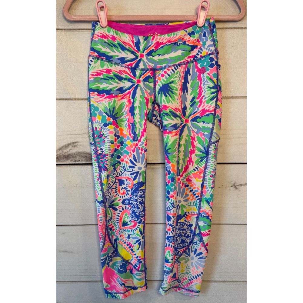 Lilly Pulitzer Luxletic Tropical Floral Print Leggings XS Pink Green Blue Multi
